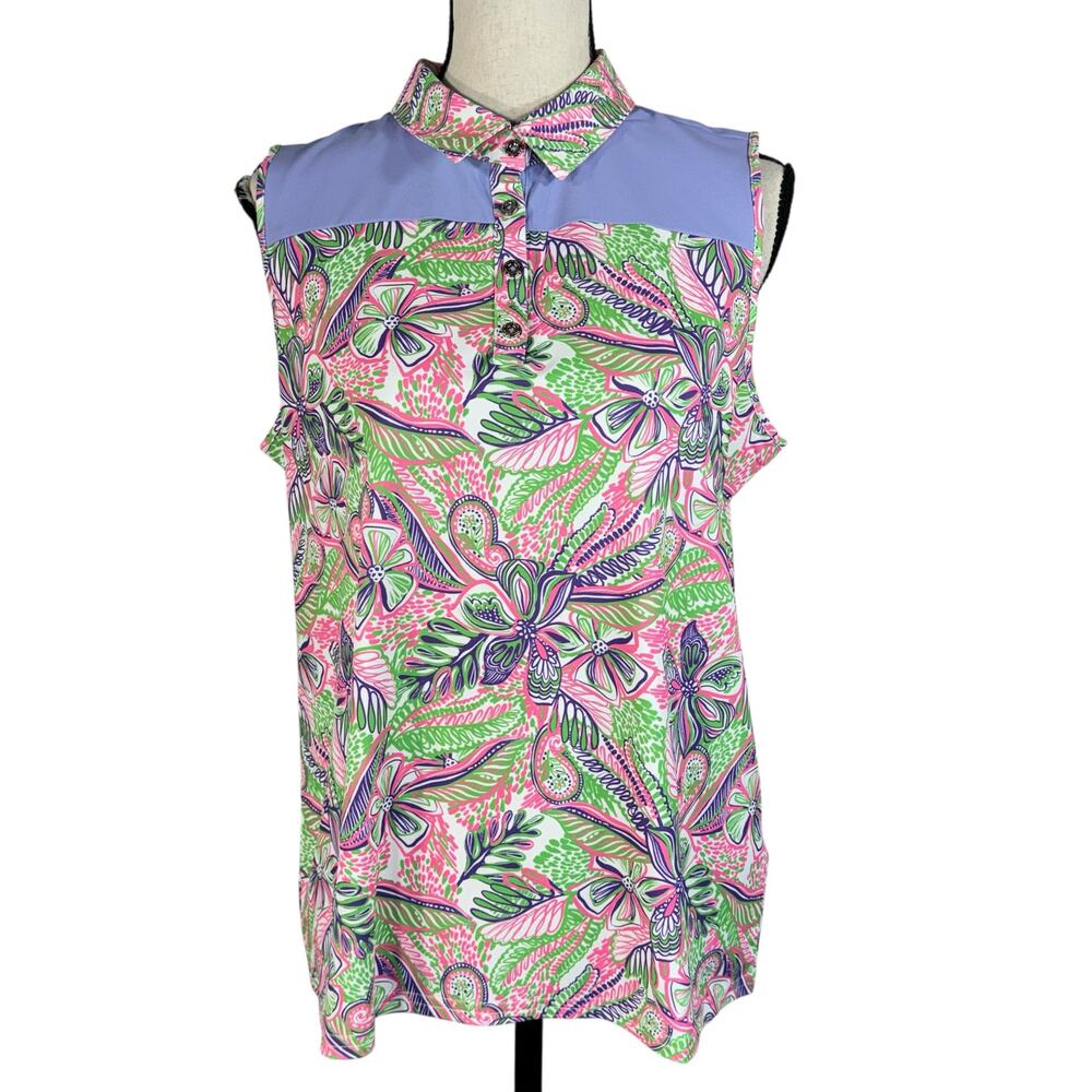 Stella Parker Large Polo Golf Top Sleeveless Paisley Floral Stretch UPF 50 Lilac